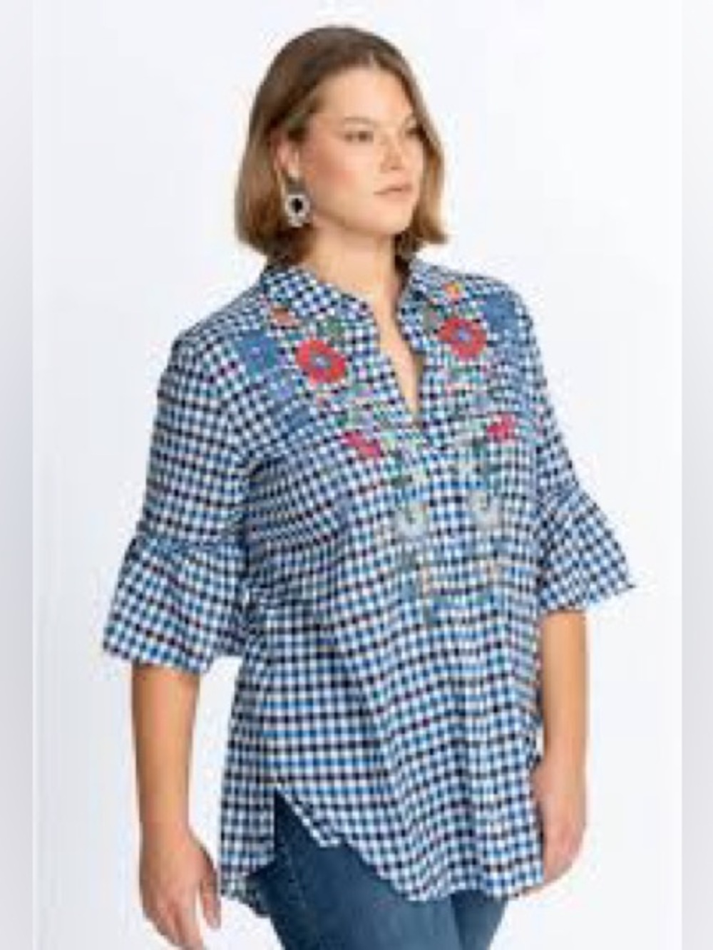 Johnny Was Taryn Embroidered Blue Gingham Bell Sleeve Tunic Top Blouse Womens XL